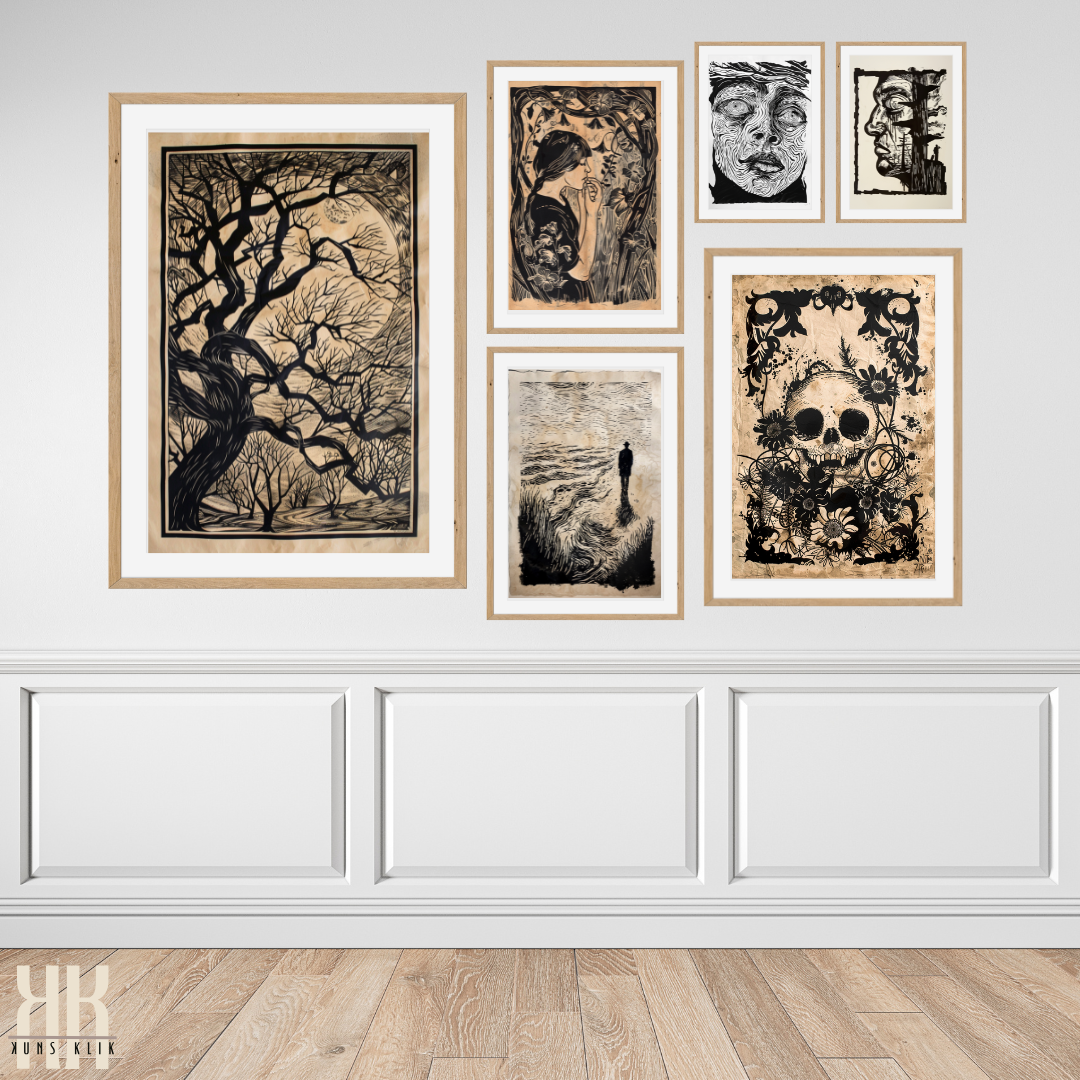 Dark Forest at Night Tree and Moon Black and White Vintage Print