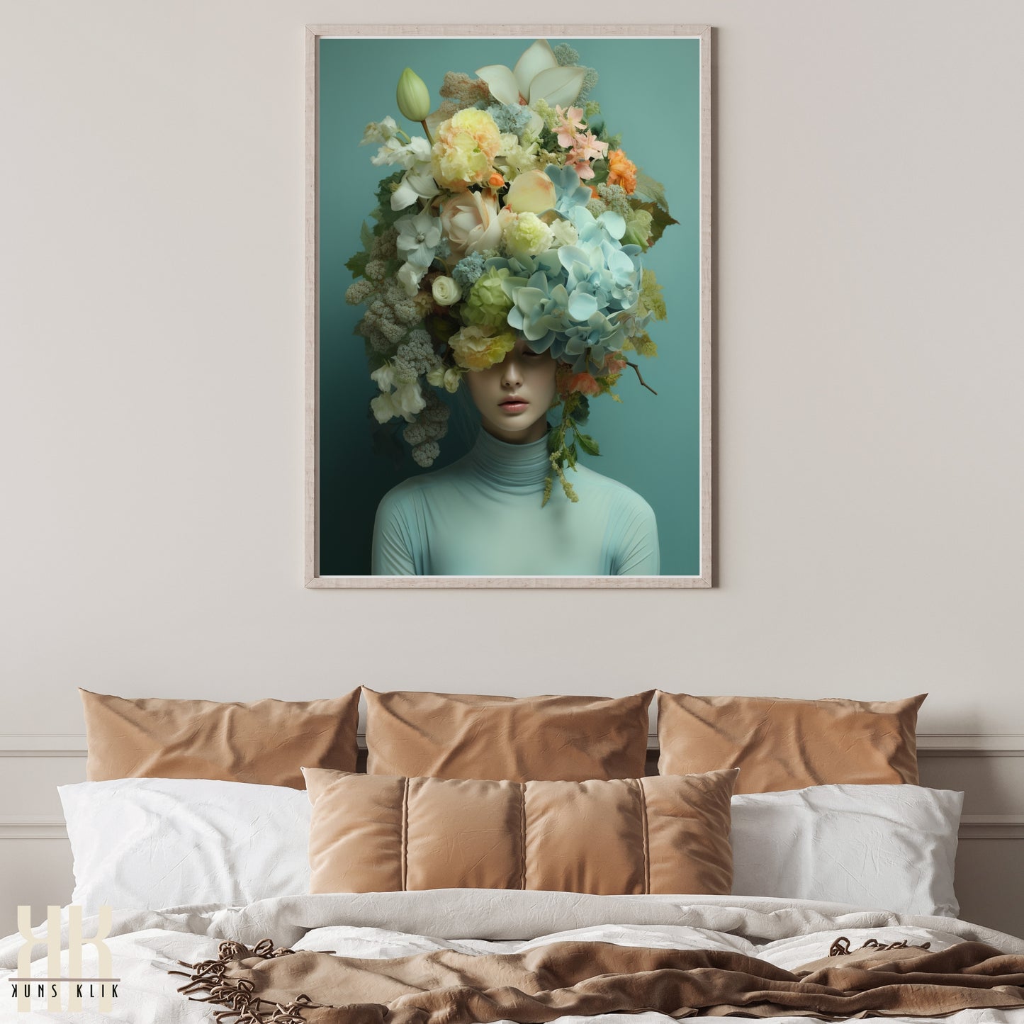 Woman Flower Bouquet Head Feminine Wall Art - Turquoise 10