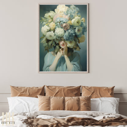 Woman Flower Bouquet Head Feminine Wall Art - Turquoise 7