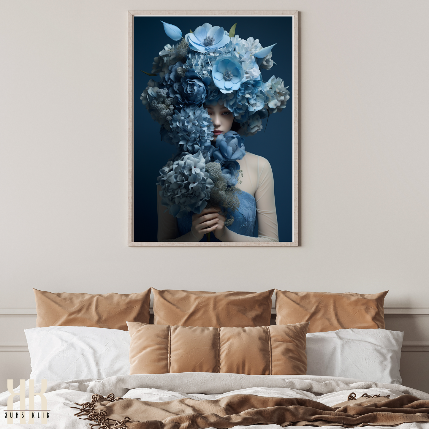 Woman Flower Bouquet Head Feminine Wall Art - Blue 9