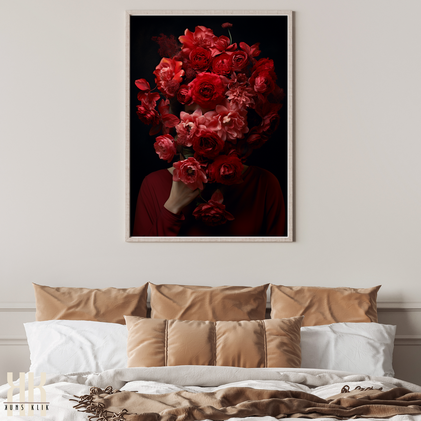 Woman Flower Bouquet Head Feminine Wall Art - Red 6