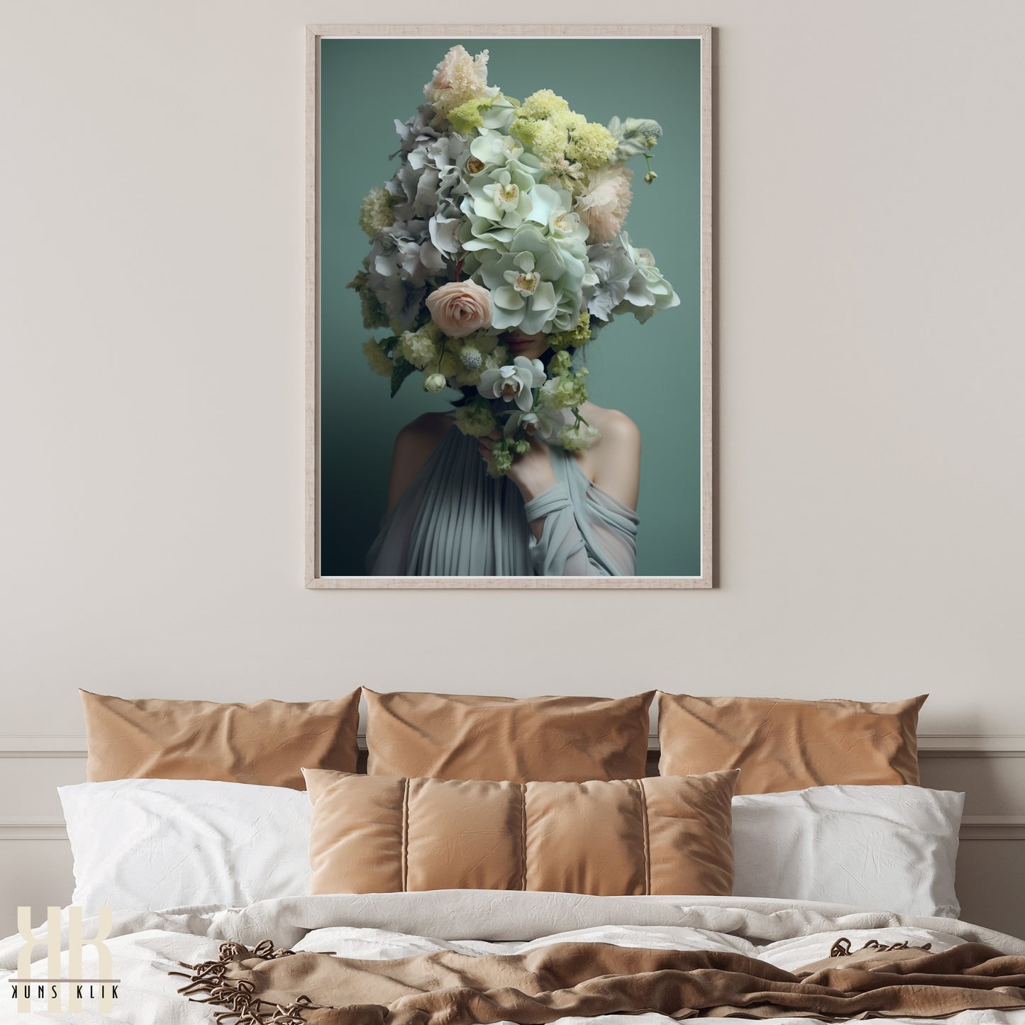 Woman Flower Bouquet Head Feminine Wall Art - Turquoise 5