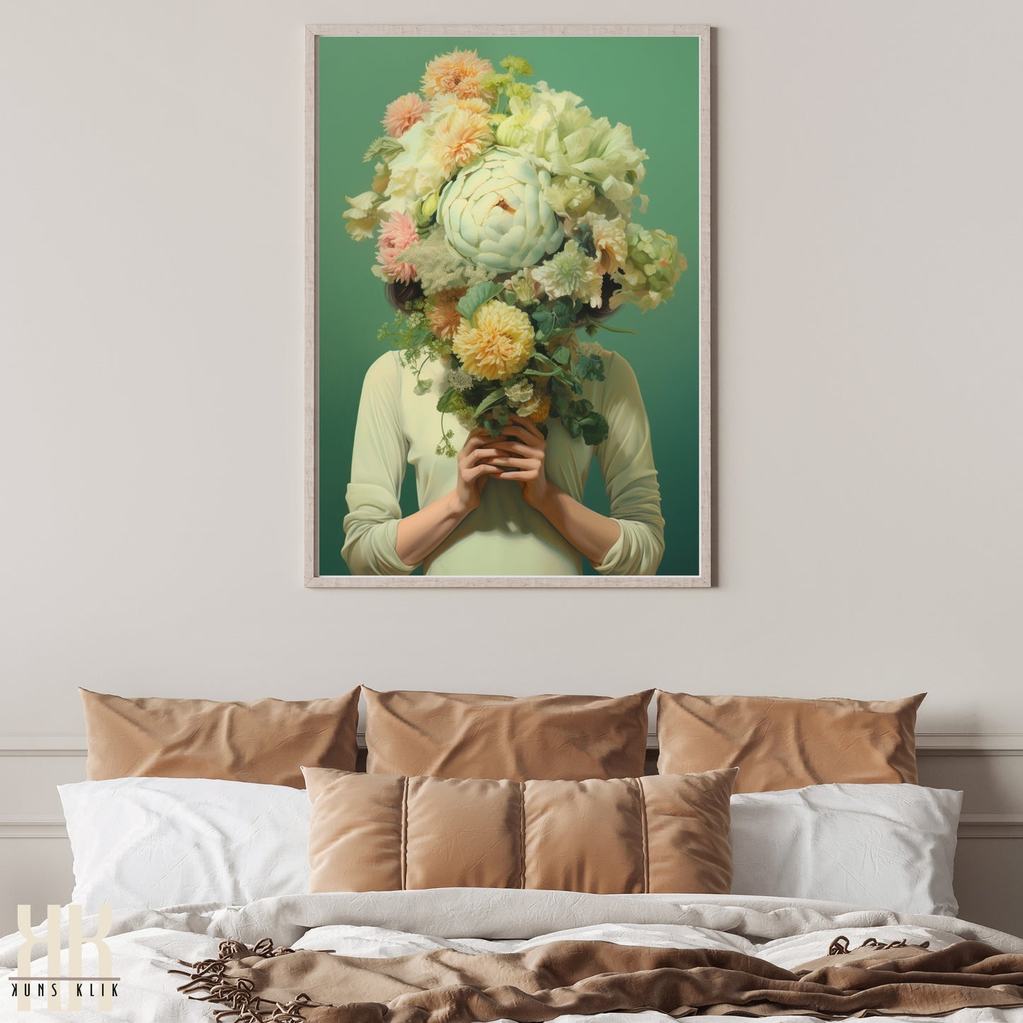 Woman Flower Bouquet Head Feminine Wall Art - Green 2