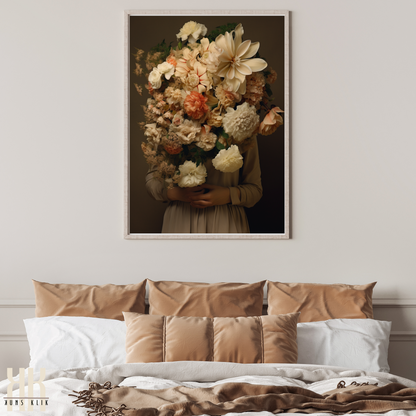 Woman Flower Bouquet Head Feminine Wall Art - Beige 1