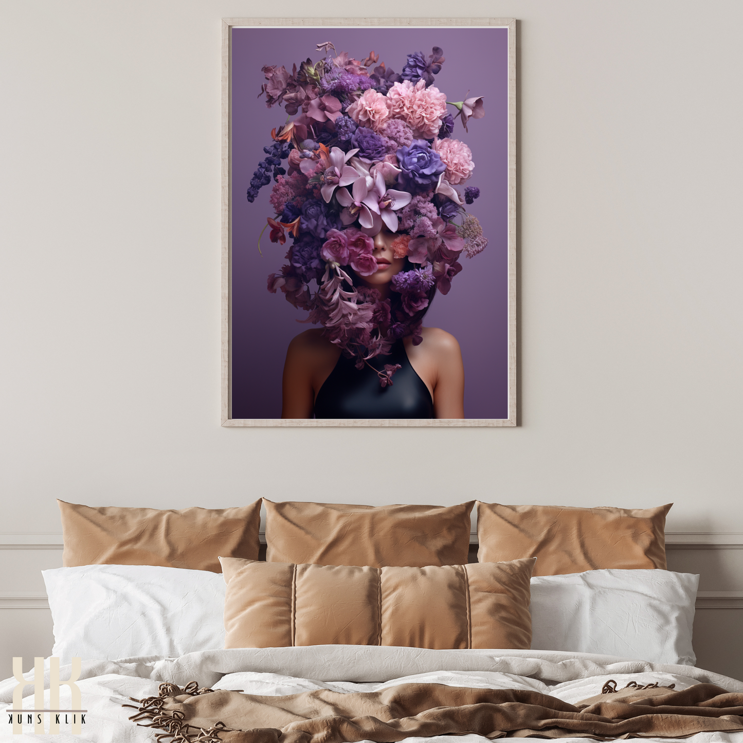 Woman Flower Bouquet Head Feminine Wall Art - Purple 11