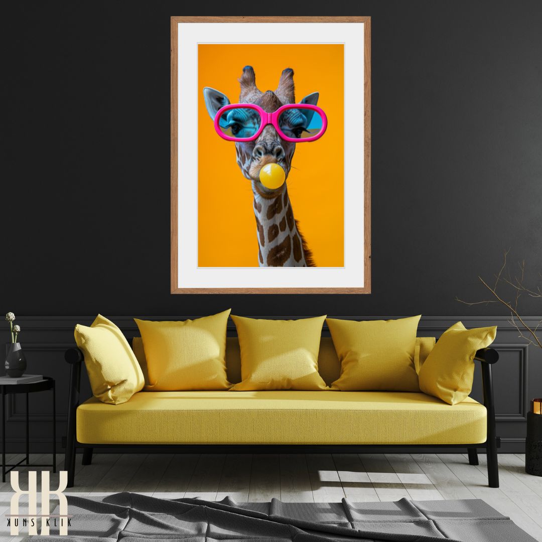 Giraffe Wearing Sunglasses Blowing a Bubble