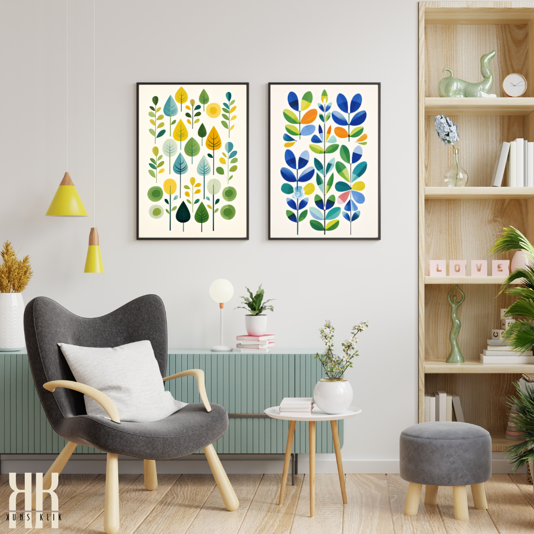 Green Blue Leaf Pattern Minimalist Print