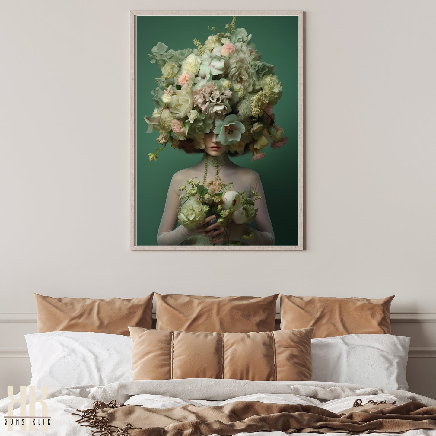 Woman Flower Bouquet Head Feminine Wall Art - Green 7