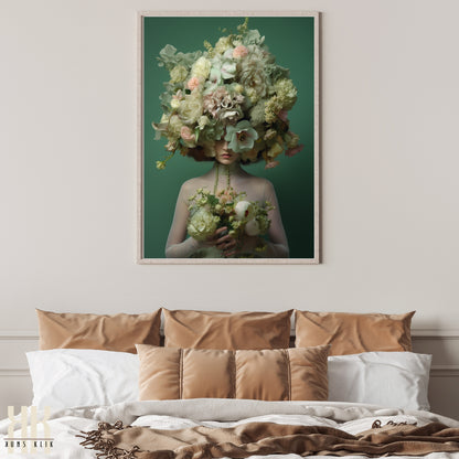 Woman Flower Bouquet Head Feminine Wall Art - Green 7