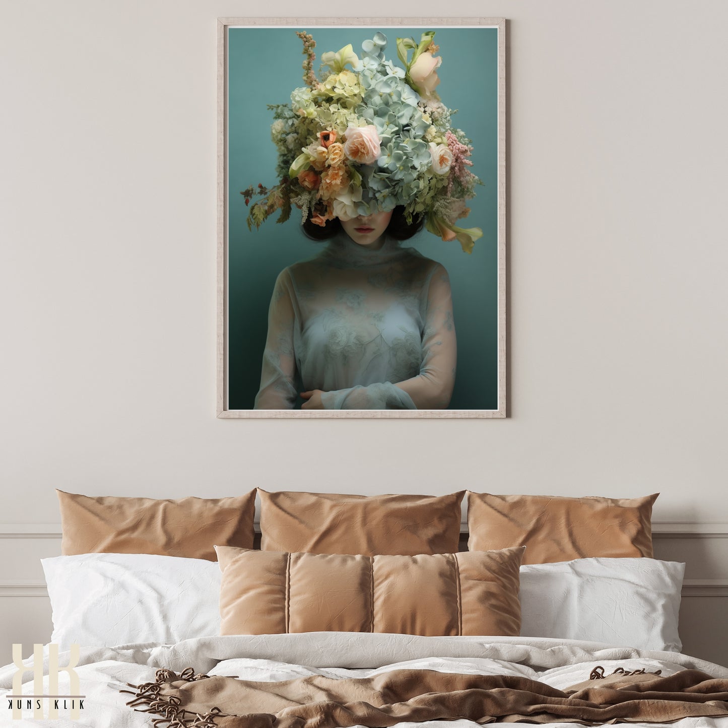 Woman Flower Bouquet Head Feminine Wall Art - Turquoise 2