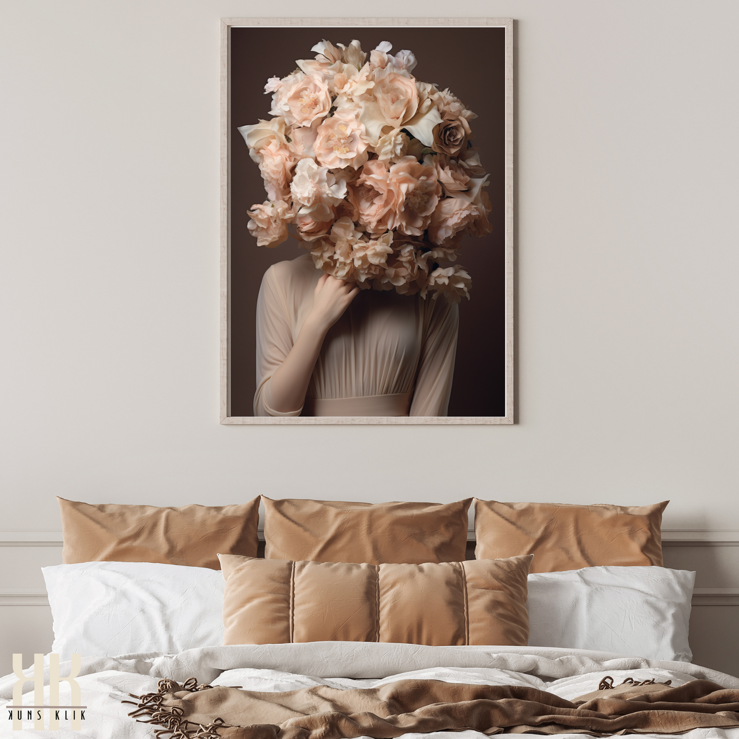 Woman Flower Bouquet Head Feminine Wall Art - Beige 12