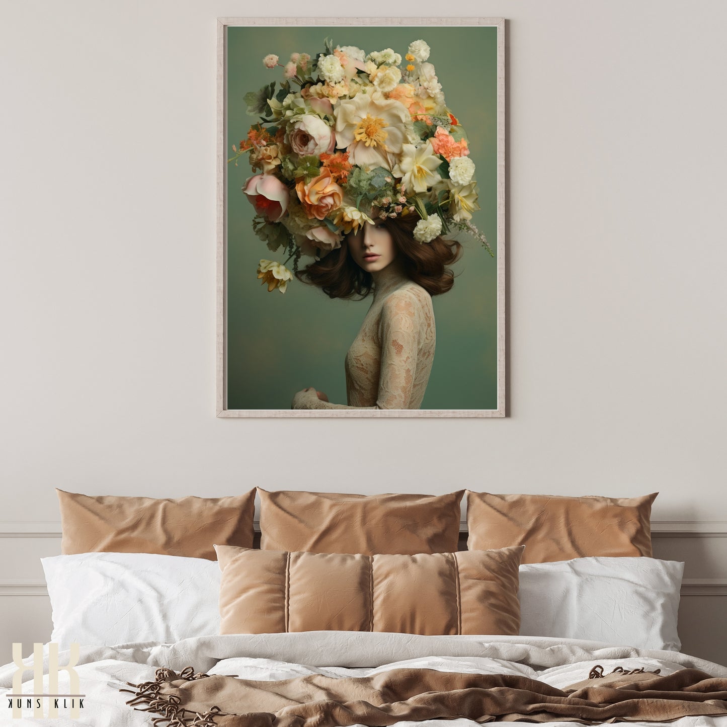 Woman Flower Bouquet Head Feminine Wall Art - Green 10