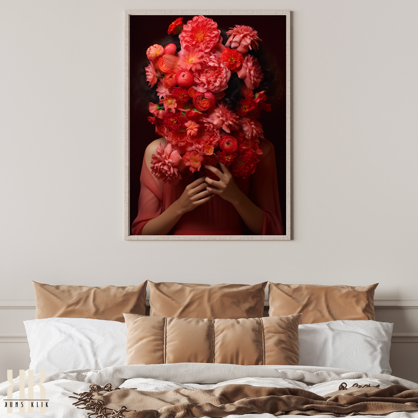 Woman Flower Bouquet Head Feminine Wall Art - Red 3