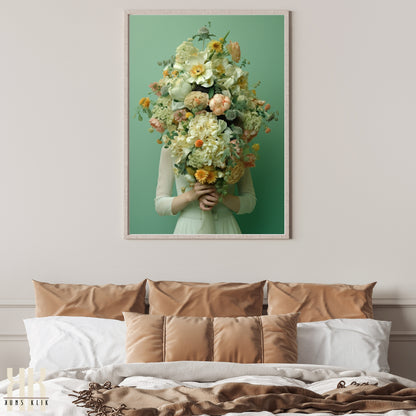 Woman Flower Bouquet Head Feminine Wall Art - Green 5