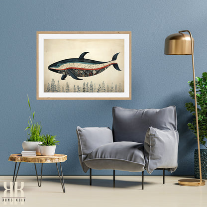 Scandinavian Whale Folk Art Print - 2