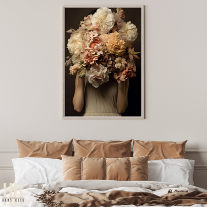 Woman Flower Bouquet Head Feminine Wall Art - Beige 7