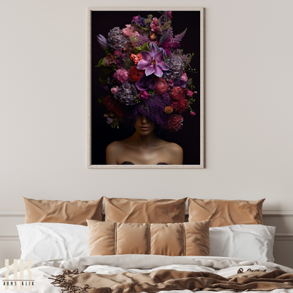 Woman Flower Bouquet Head Feminine Wall Art - Purple 10