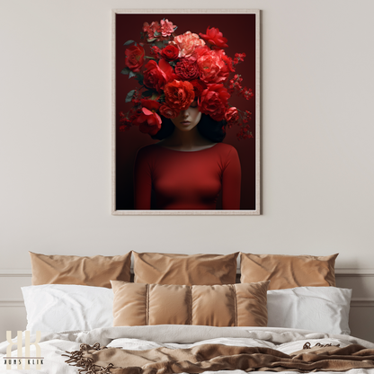 Woman Flower Bouquet Head Feminine Wall Art - Red 9