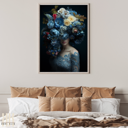 Woman Flower Bouquet Head Feminine Wall Art - Blue 1