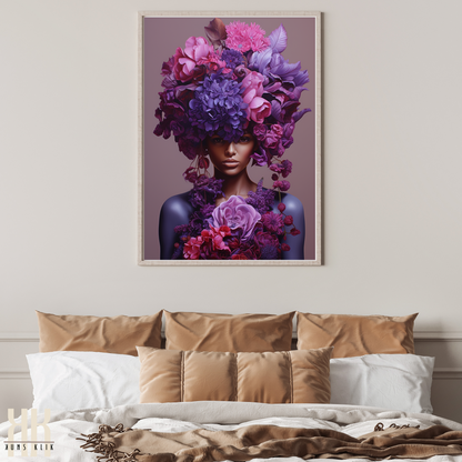 Woman Flower Bouquet Head Feminine Wall Art - Purple 6