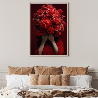 Woman Flower Bouquet Head Feminine Wall Art - Red 10