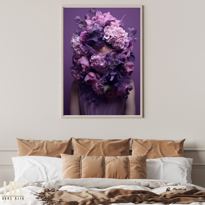 Woman Flower Bouquet Head Feminine Wall Art - Purple 1