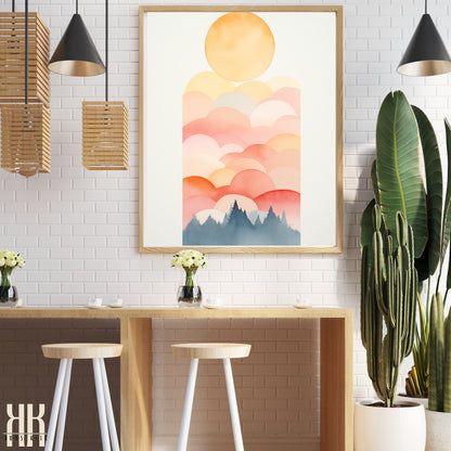 Minimalist Watercolour Sunset Mountain Art Print - 11