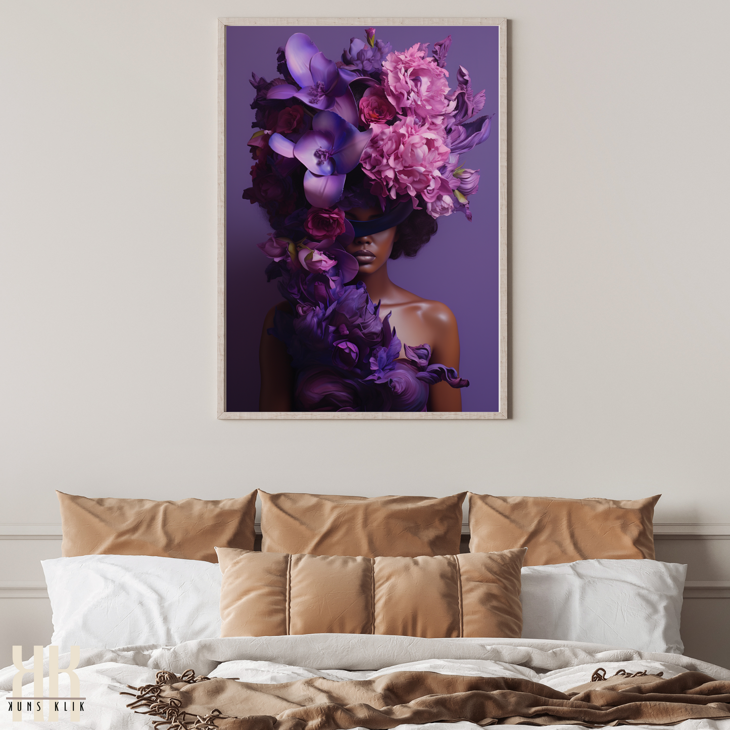 Woman Flower Bouquet Head Feminine Wall Art - Purple 4