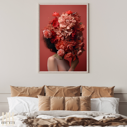 Woman Flower Bouquet Head Feminine Wall Art - Red 2