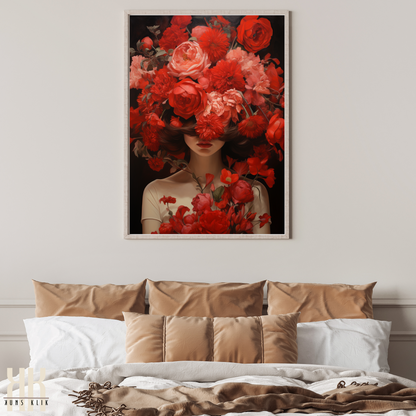 Woman Flower Bouquet Head Feminine Wall Art - Red 8