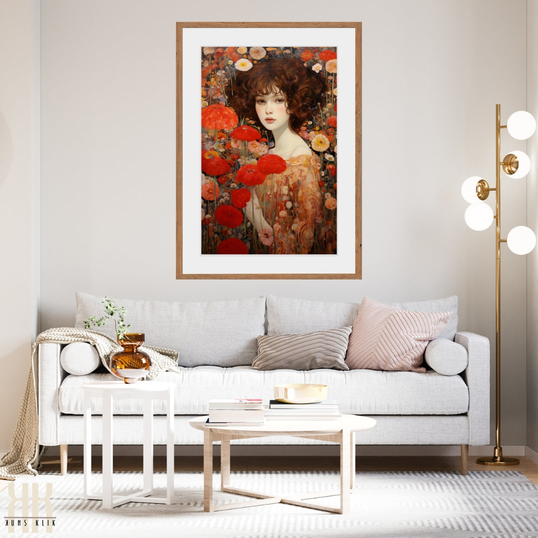 Whimsical Woman in Red Poppies Art Print