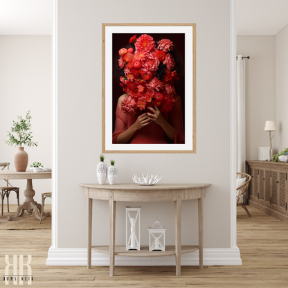 Woman Flower Bouquet Head Feminine Wall Art - Red 3