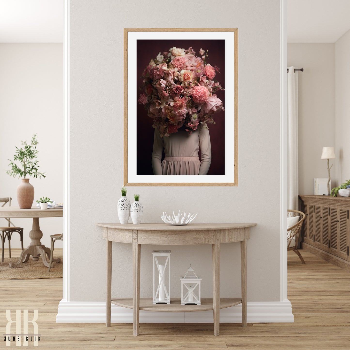 Woman Flower Bouquet Head Feminine Wall Art - Pink 4