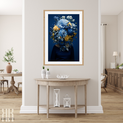 Woman Flower Bouquet Head Feminine Wall Art - Blue 11