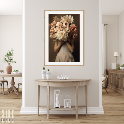 Woman Flower Bouquet Head Feminine Wall Art - Beige 3