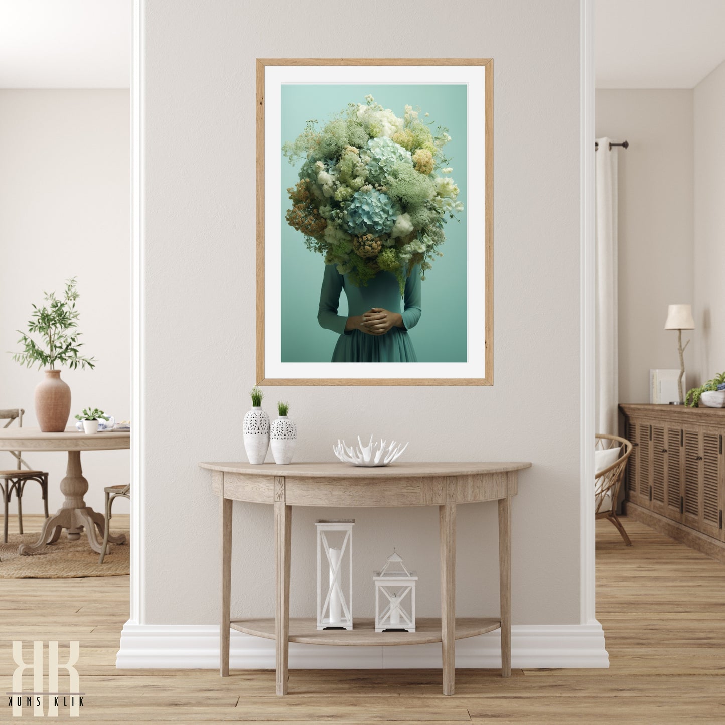 Woman Flower Bouquet Head Feminine Wall Art - Turquoise 4