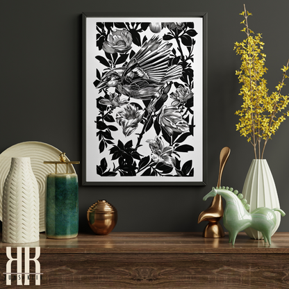 Black and White Hummingbird and Flowers Art