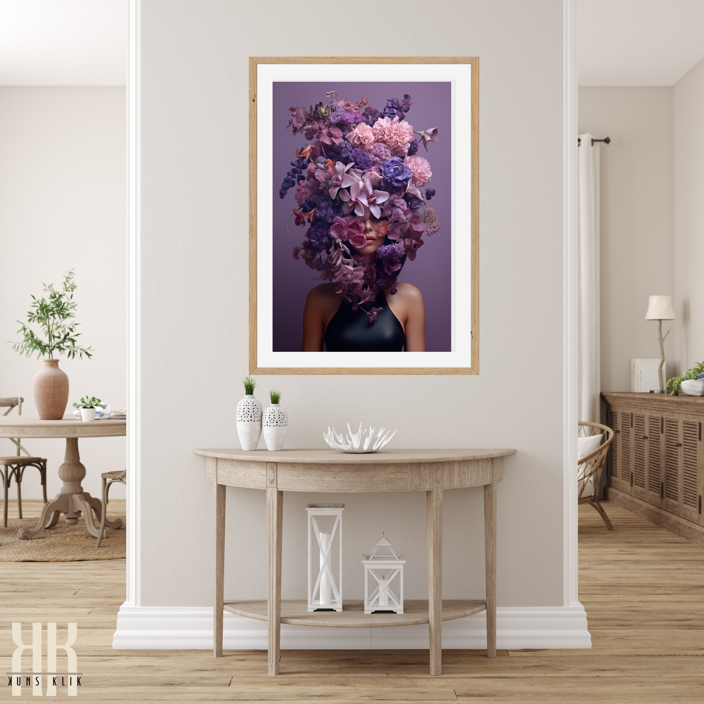 Woman Flower Bouquet Head Feminine Wall Art - Purple 11