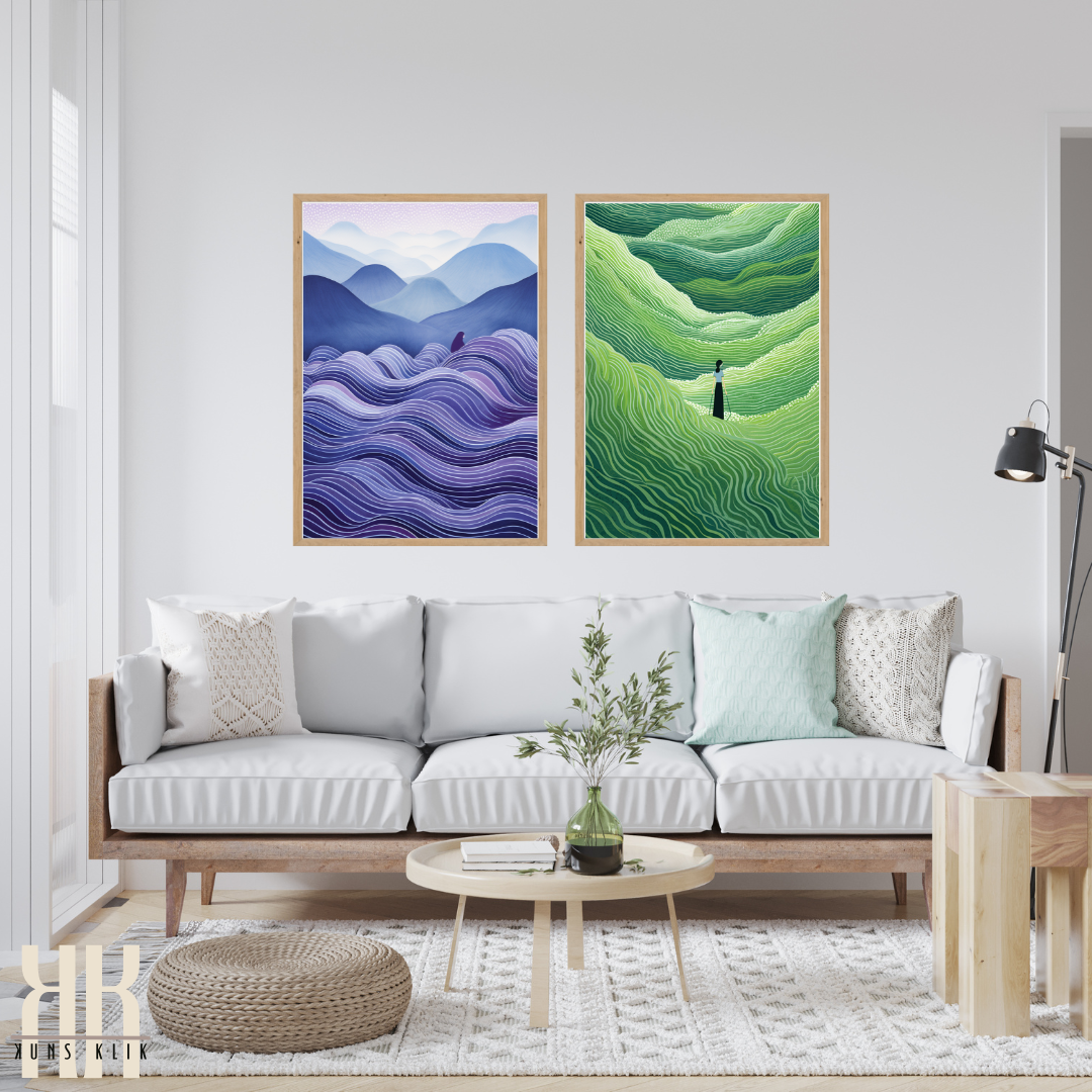 Mystical Minimalist Art Prints with Abstract Mountains and Waves