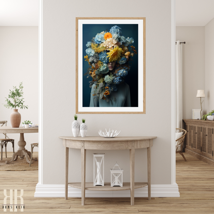 Woman Flower Bouquet Head Feminine Wall Art - Blue 10