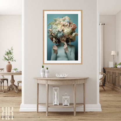 Woman Flower Bouquet Head Feminine Wall Art - Turquoise 8