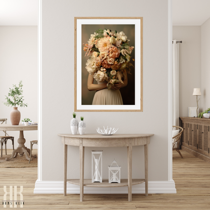 Woman Flower Bouquet Head Feminine Wall Art - Beige 5