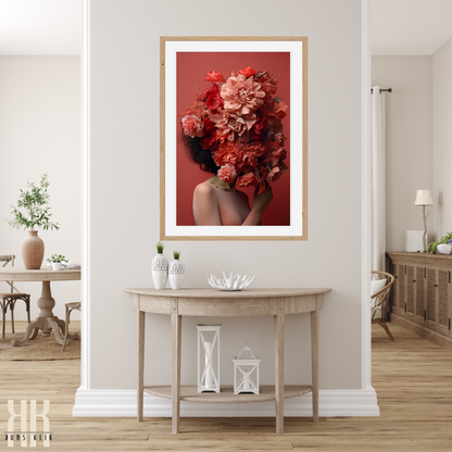 Woman Flower Bouquet Head Feminine Wall Art - Red 2