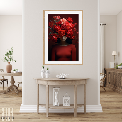 Woman Flower Bouquet Head Feminine Wall Art - Red 9