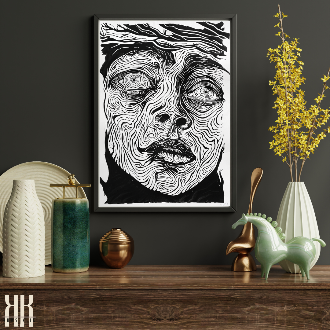 Abstract Line Art Portrait Black and White Art Print