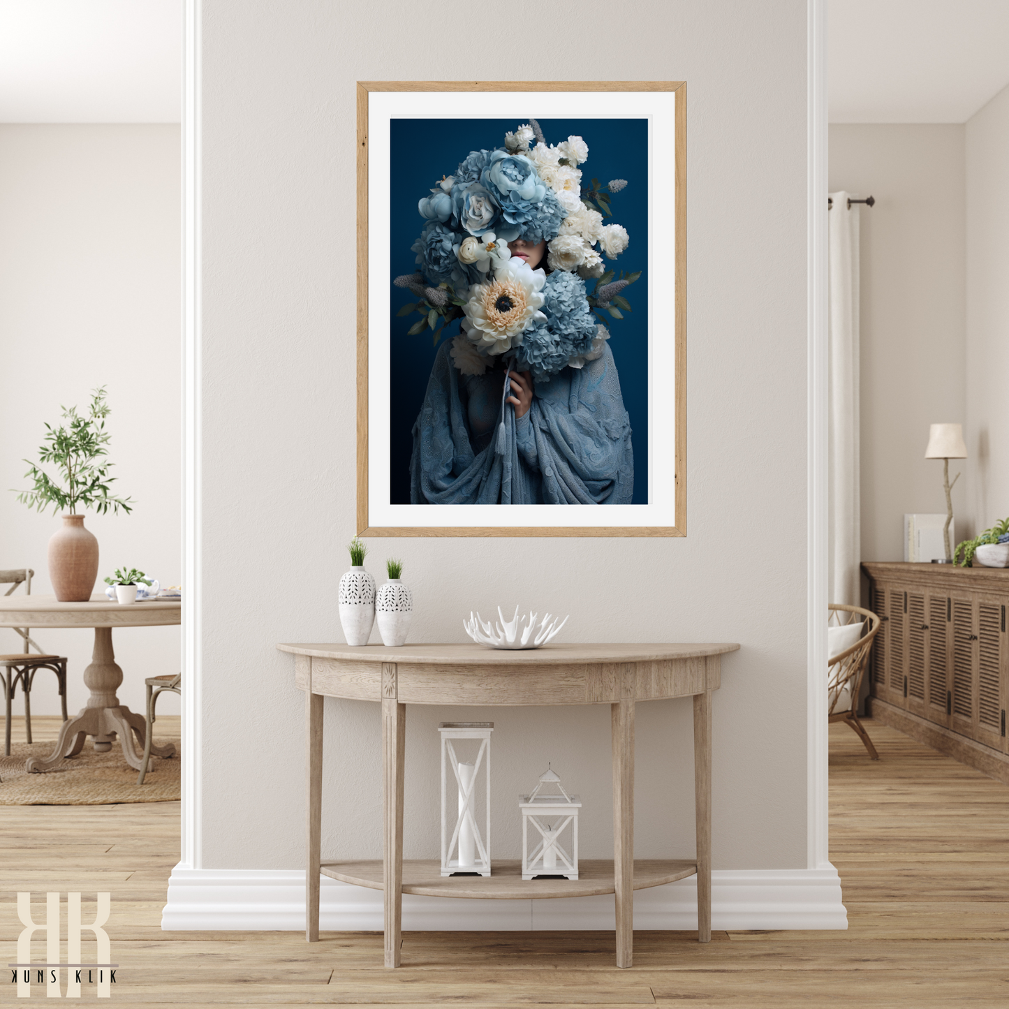 Woman Flower Bouquet Head Feminine Wall Art - Blue 2