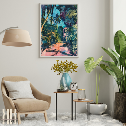 Tropical Jungle & Villa Art Print – Retro Linocut-Style Illustration