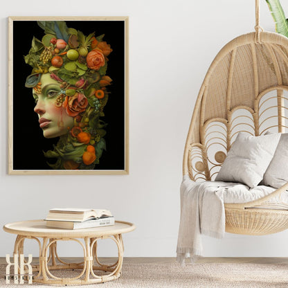 Exotic Fruit and Blossoms Female Portrait Art