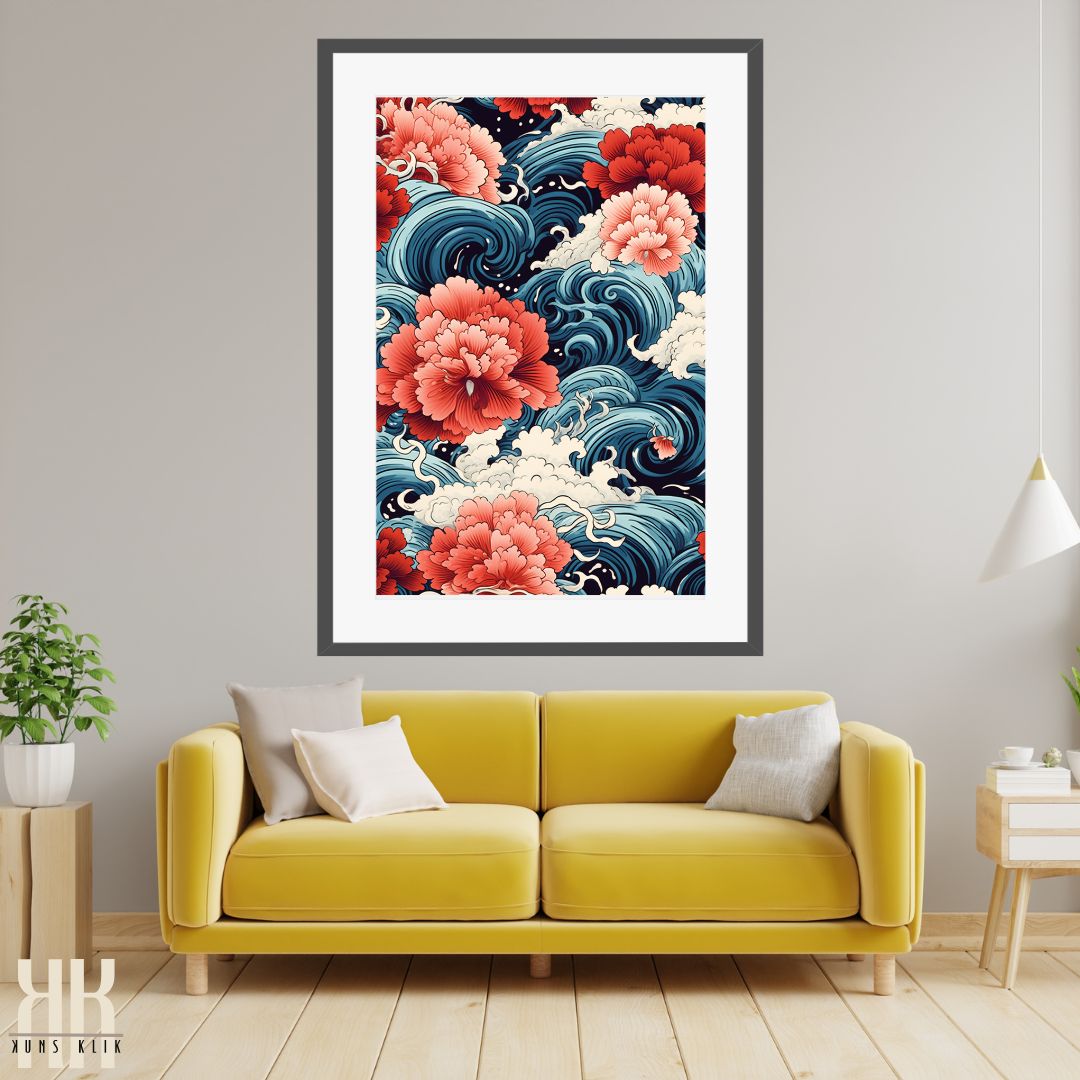 Japanese Blossoms and Waves Art Print