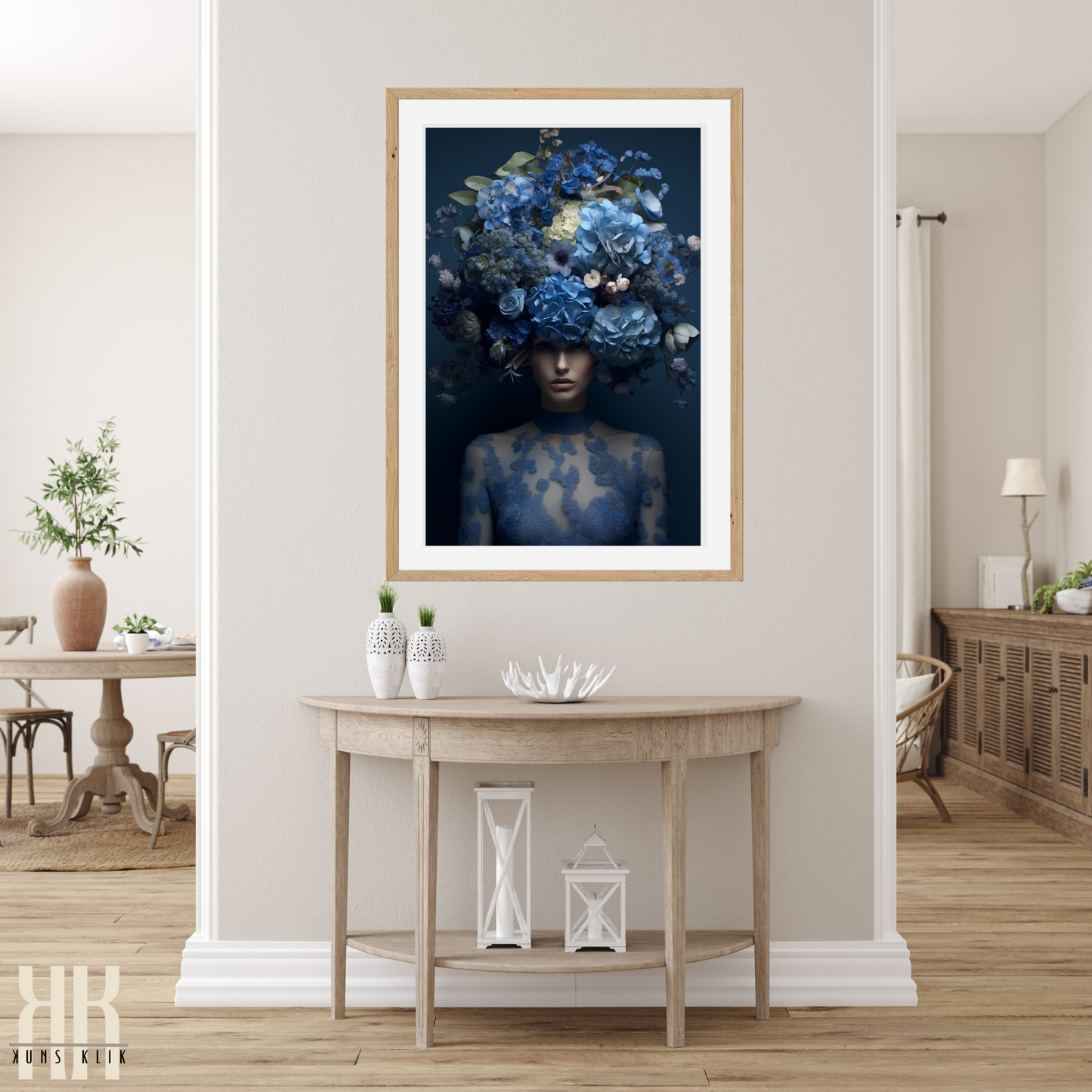 Woman Flower Bouquet Head Feminine Wall Art - Blue 5